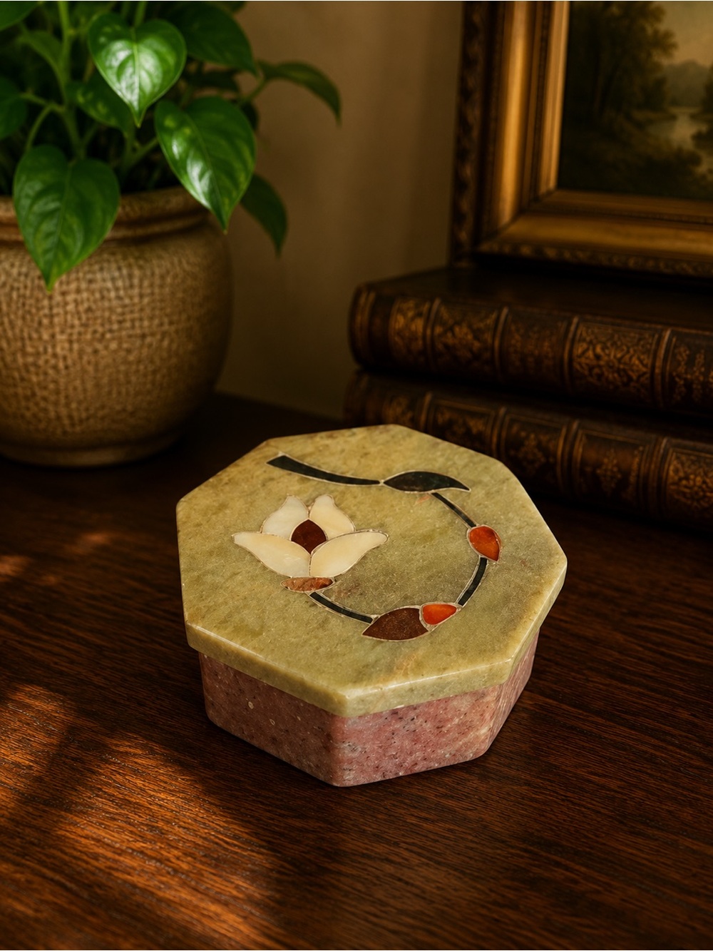 Vintage Hand-Carved Stone & Mother of Pearl Inlaid Floral Trinket Jewelry Box